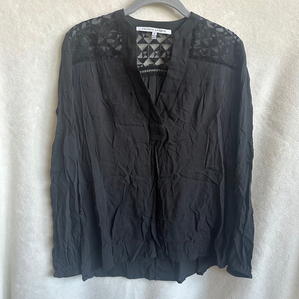 Collective Concepts Black 100% Rayon Embroidered Mesh Peasant Blouse Top Small